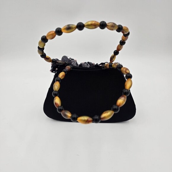 Beaded Handle Black Evening Bag With Floral Embellishments - Picture 5 of 8